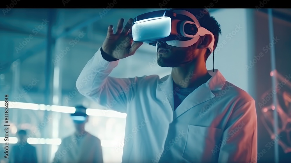 Aufkleber doctor with vr headset wearing and diagnosis data record from holographic of patient on virtual inte