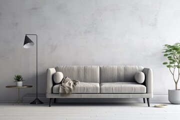 Modern living room interior with sofa and gray wall background, Minimal designs, AI generated.