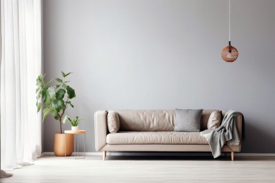 Modern living room interior with sofa and gray wall background, Minimal designs, AI generated.