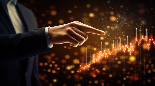 Finger businessman pointing at a hologram screen of financial statistics, Strategy and planning , AI generated.