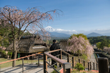 Japanese man in yukata at Saiko Iyashi no Sato Nenba with mt. Fuji