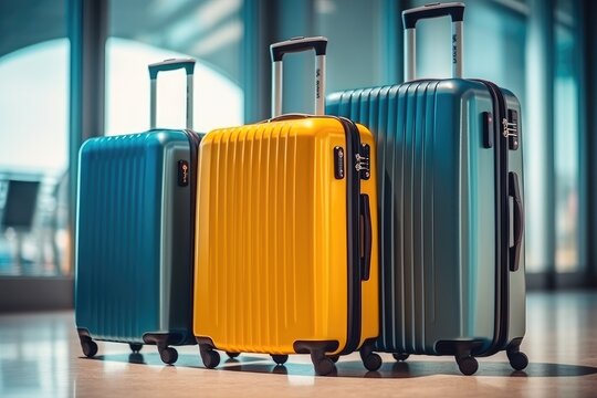 Luggage suitcases at the airport wide banner, Vacations and holiday travel concepts, AI generated.
