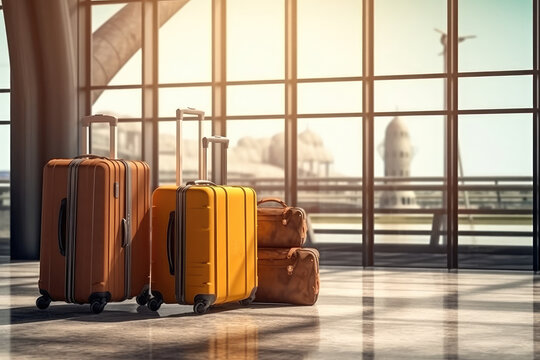 Vacations and holiday travel concepts, Luggage suitcases at the airport with copy space area, AI generated.