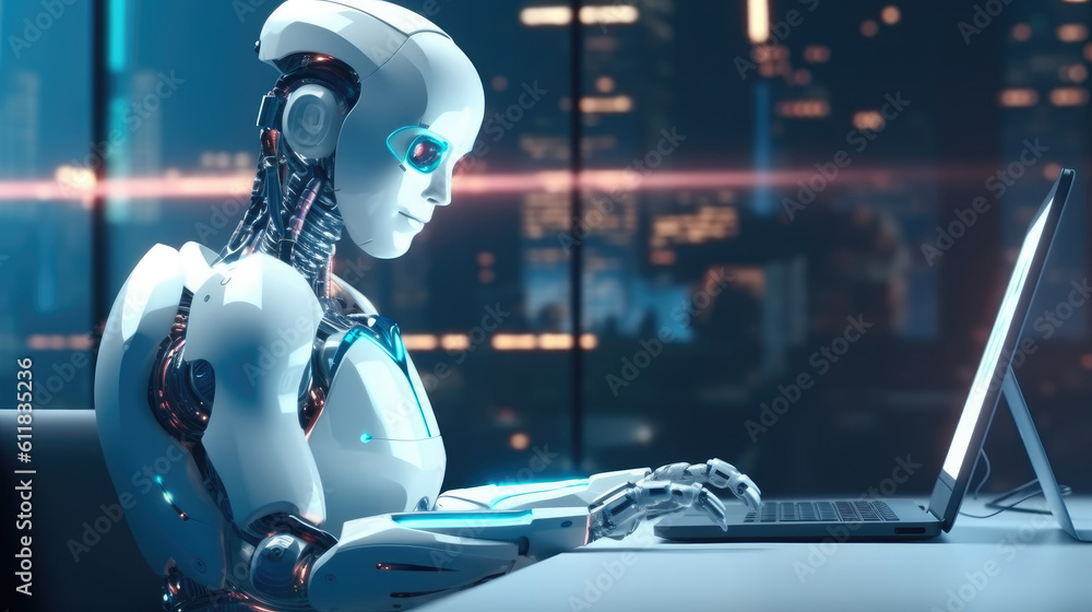Aufkleber Robot android are working in an office in front of computer, AI job replacement, Robot autonomous concept, AI generated.