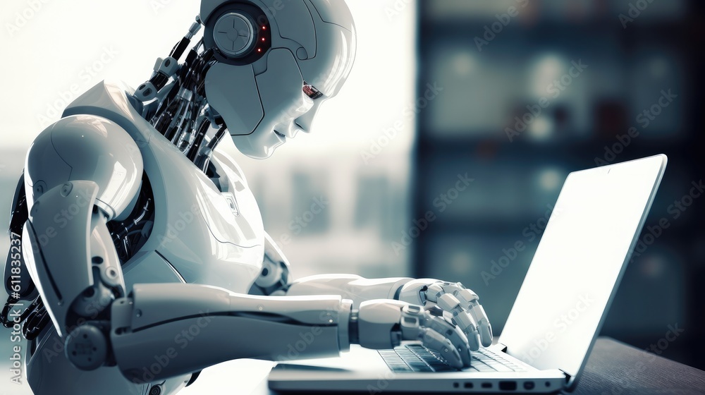 Poster humanoid robot working on laptop computer in office, ai generated.