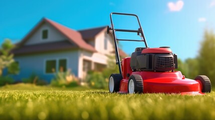 Lawn mower on green field, Summer lawn backyard background, AI generated.