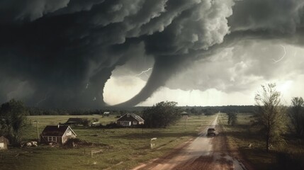Tornadoes are raging hard, Tornado touches down in a farm field, AI generated.