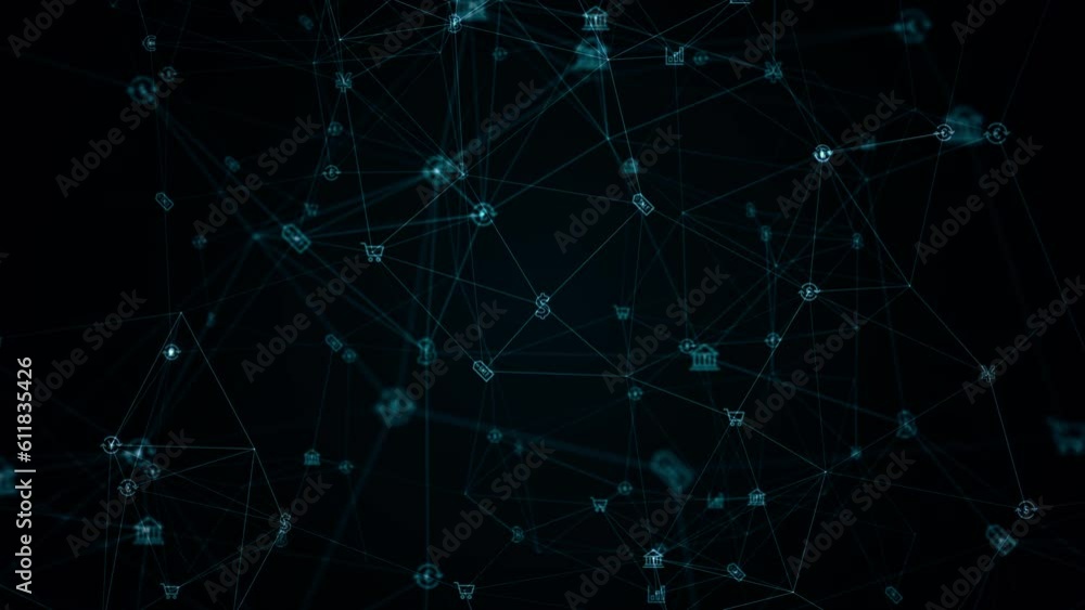 Poster motion graphic of blue digital money icons linked on grid mesh and line connection rotation on futur