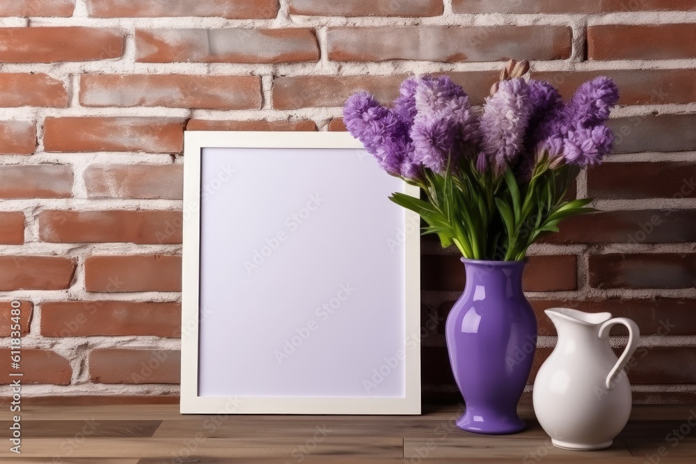 Poster a vase of flowers and a blank frame are on a table close to a brick wall. draft for a design generat