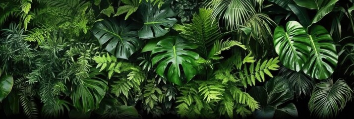 Nature wall, Tropical rainforest foliage plants bushes, ferns, palm, Philodendrons and tropical plants leaves, Nature background of green forest, AI generated.