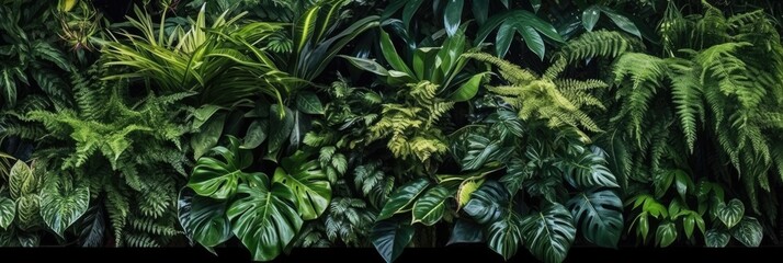 Naklejka na ściany i meble Natural green wallpaper and background, Monstera, fern and palm leaves tropical foliage plant bush nature backdrop, AI generated.