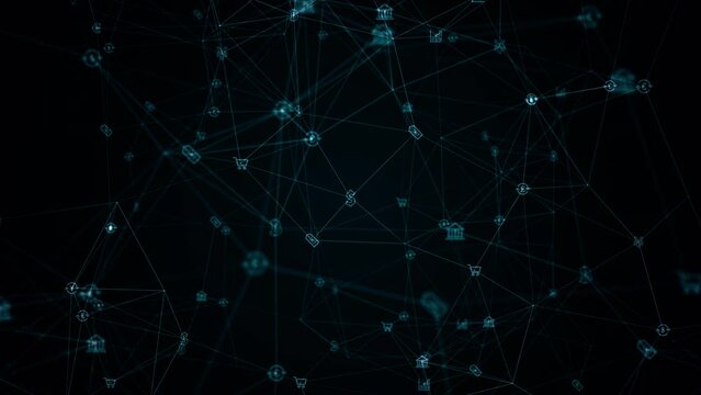 Motion graphic of Blue digital money icons linked on grid mesh and line connection rotation on futuristic abstract background technology financial and cryptocurrency concept seamless loop video