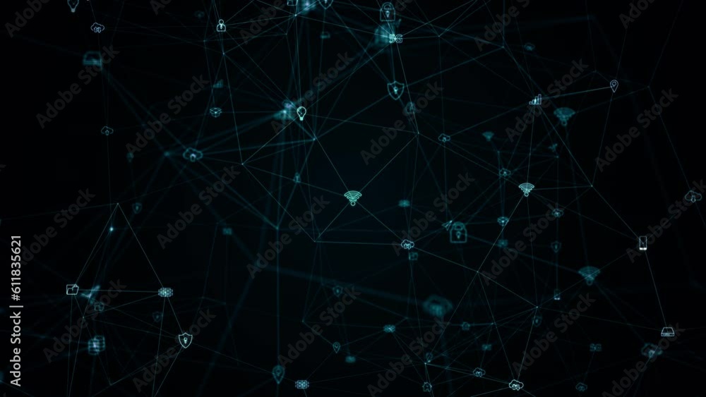Poster motion graphic of blue digital ai technology icons linked on grid mesh and line connection rotation 