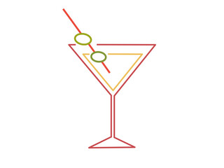 Martini with olive in glass, isolated, in color. Vector illustration.
