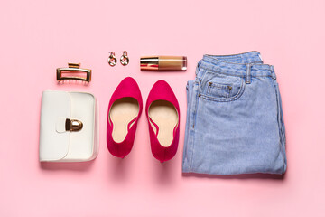 Composition with stylish heels, clothes and accessories on pink background