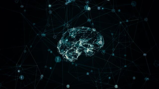 Motion graphic Blue polygon brain logo and digital ai icons linked on grid mesh and line connection rotation on futuristic abstract background technology with ai assistant concept seamless loop video