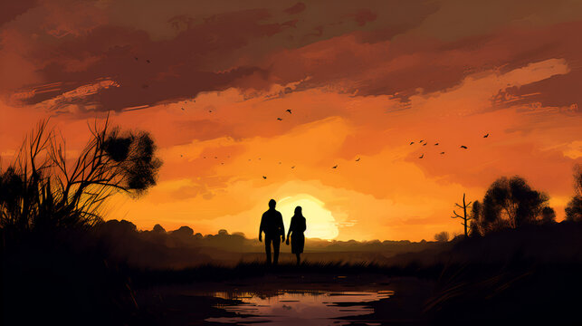 A man and a woman couple walk side by side looking at the majestic sunset in the distance as birds fly overhead, Generative AI