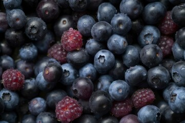 Texture of blueberry. Close up of raw organic berry fruits. Sweet and fresh background. Generative AI	
