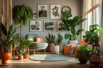 Interior design of a contemporary room with plants and frames. Generative AI