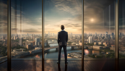 Fototapeta na wymiar business man standing in the office watching the modern city view. Business ambition concept. Generative AI