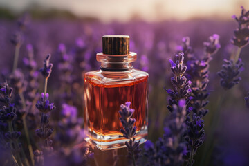 Bottle of lavender argan essential oil is in lavender field, Generative AI