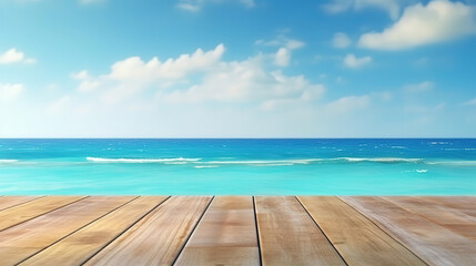 Fototapeta premium Empty wooden table on sea background, Desk of free space for product display. Generative Ai