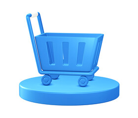 3d illustration icon of shopping trolley cart with circular or round podium