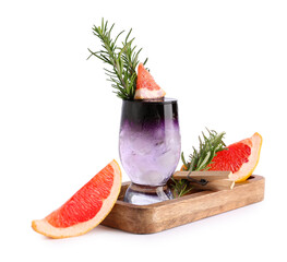 Glass of purple gin and tonic with grapefruit and rosemary on white background