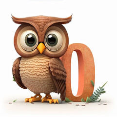 Kids alphabet. Cute brown cartoon owl, standing near orange letter O on white background. Children abc letters. AI generative