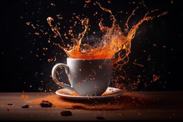 Coffee splashing out of a cup isolated on black background.. Ai Generative AI