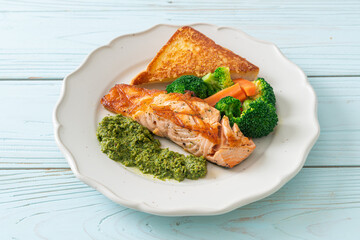 grilled salmon steak with pesto sauce