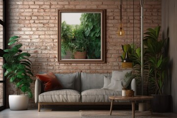 mock-up poster frame with a brick wall in an interior, Generative AI