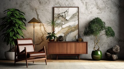 A picture frame in the living room's marble wall features a lamp on the back of a wooden cabinet, a rocking chair on the front floor, and decorative potted plants. Generative AI