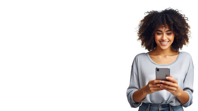 Photo of cheerful delighted African American woman types sms on modern cell phone device, enjoys good internet connection, using social media, isolated on white studio wall with copy space