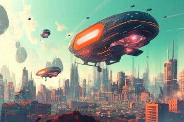 Fototapeta premium Futuristic Cityscape with Vibrant Colors and Flying Vehicles Created with Generative AI