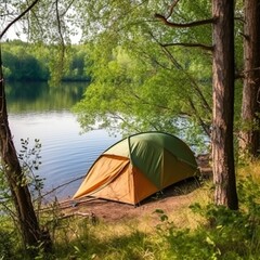 Camping green tent in forest near lake. Generative ai
