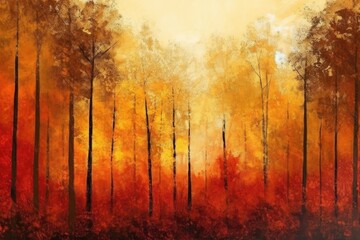 Minimalist landscape painting of autumn. a vibrant crimson, orange, and yellow fall season. Wallpaper that is simple, elegant, and modern. Background of a forest. vintage style. Generative AI