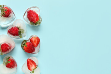 Fresh strawberry frozen in ice on blue background