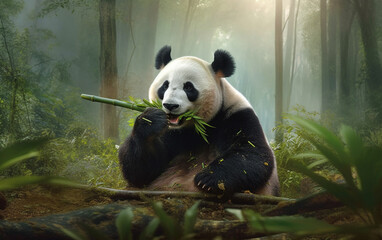Obraz na płótnie Canvas A giant panda is eating bamboo in bamboo forest