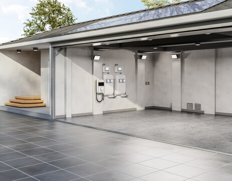 Solar Panel On Roof Generate Electricity For Home Garage With Ev Charger