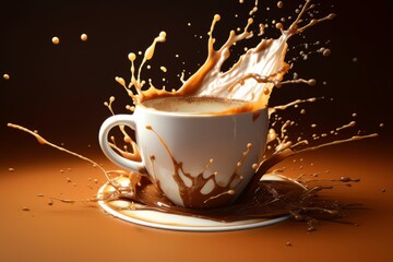 Coffee splashing out of a cup isolated on orange table. Ai Generative AI