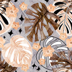 Seamless tropical pattern. Brown, orange leaves of monstera, flowers on a light gray background.