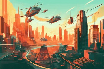 Futuristic Cityscape with Vibrant Colors and Flying Vehicles Created with Generative AI