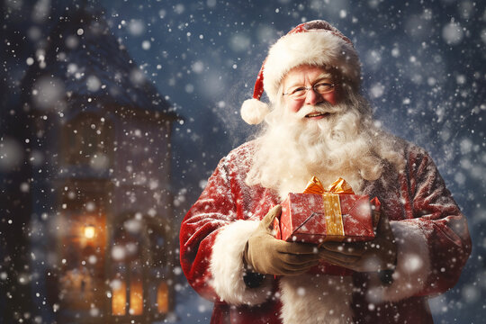 Happy Santa Claus outdoors in snowfall. Generative AI