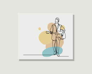 Continuous single one line art drawing of man guitarist guitar player musician artist in boho bohemian style design vector illustration