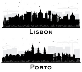 Porto and Lisbon Portugal City Skyline Silhouette Set.