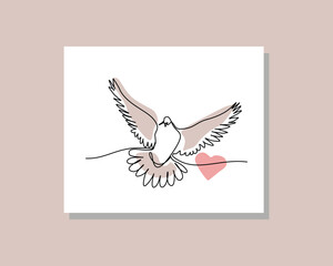 Continuous single one line art drawing of flying dove pigeon bird love shape letter in boho bohemian style design vector illustration