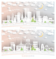 Concord and Manchester New Hampshire. Winter City Skyline Set in Paper Cut Style.
