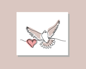 Continuous single one line art drawing of flying dove pigeon bird love shape letter in boho bohemian style design vector illustration
