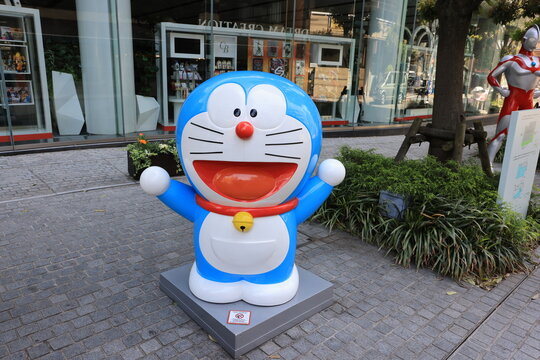 Tokyo, Japan - 3 May 2023: Bandai office and statue of Doraemon in Asakusa, Tokyo. Bandai company is one of big is a Japanese multinational toy manufacturer and distributor